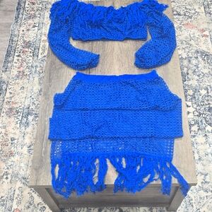 Vibrant Blue Crochet Two-Piece Set Swim Suit Cover Up Plus Size 3xl
